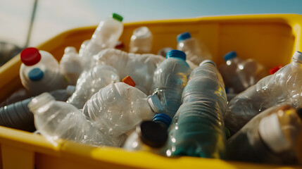 A yellow bin is filled with empty plastic bottles, ready for recycling. The sunlight highlights the textures, showcasing the amount of waste generated in daily routines.