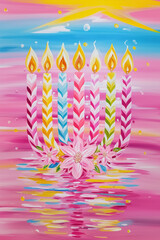 Vibrant Hanukkah menorah with rainbow-striped candles and floral accents on a pink and blue sunset backdrop