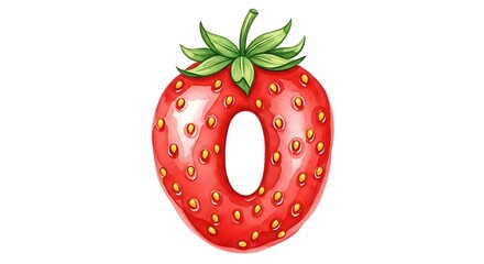 A vibrant, whimsical illustration of the number zero formed by a plump, juicy red strawberry, complete with green leafy top