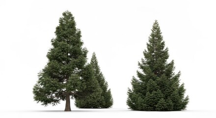 Evergreen trees of various sizes on a clean white background