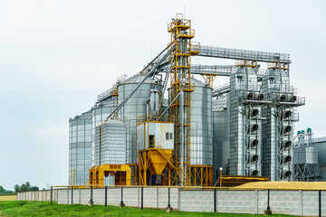 A large modern plant located near a wheat field for the storage and processing of grain crops. view of the granary illuminated by the light of the setting sun against the blue sky. harvest season.