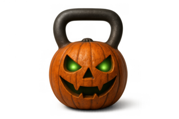 Jack-o'-lantern kettlebell with glowing green eyes for halloween fitness and spooky gym workouts on transparent background