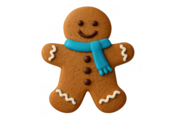 Gingerbread man cookie with blue icing scarf and white trim smiling for winter holidays, transparent background