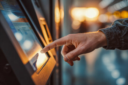 Person interacting with a touchscreen kiosk in a public space during warm evening lighting, focusing on hand gesture and digital technology interface
