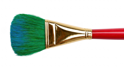 Paintbrush with green and blue bristle gold ferrule and red wooden handle isolated on transparency background used for painting art and crafts close up creative tool