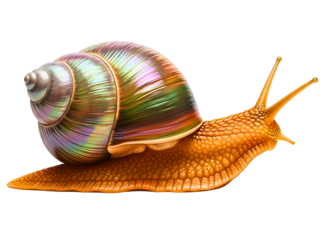 Iridescent snail shell on orange snail isolated on transparent background with antennae