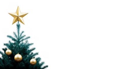 Christmas tree gold star pine branch festive holiday decoration ornament celebration winter green foliage create joyful seasonal mood with decorated pine tree top gold ornaments and shining star