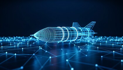 Digital blueprint of a high tech missile with glowing blue outlines on a dark network floor representing advanced weapon systems and military research