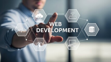 Web Development Integration: Businessman touching virtual interface with coding and cloud icons for professional website engineering services