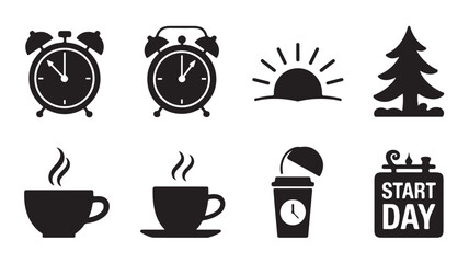 Morning Routine Icons in Simple Flat Design with Black Color on White Background for Productivity