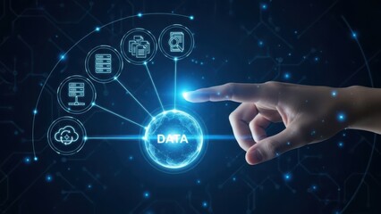 Data Management Solutions: Finger touching glowing earth globe with connected server and document icons for global information processing