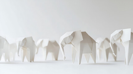 A gathering of paper elephants, crafted with angular precision, parade across a pristine white backdrop. The scene evokes origami art with a clean aesthetic.