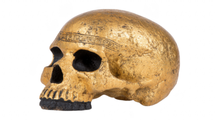 Golden human skull sculpture with ancient Greek pattern, isolated on transparency background, symbolizing luxury, mystery, and historical art, perfect for Halloween or themed decor