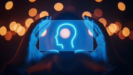 Digital representation of human thought and consciousness glowing on a clear screen, held in hands, signifying innovation and mental exploration in technology