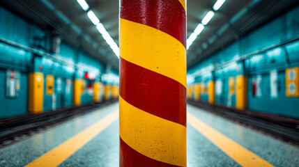 Red and yellow striped column in the center of an empty subway platform with blue walls and overhead lighting creating depth and perspective