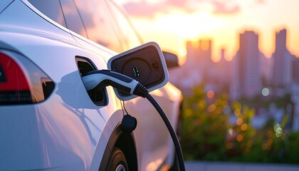 Electric vehicle charging at sunset with a city skyline in the background