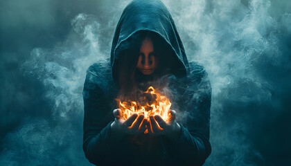 Hooded woman holding flaming hands in a ritual fire with smoke suggesting pagan tradition and magic