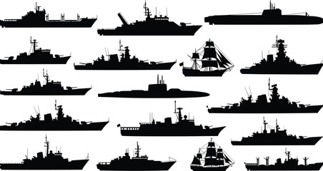 Set of military and vintage ship silhouettes vector illustration, including warships, frigates, submarines, and classic sailing vessels for naval and transport concepts. © MdNur