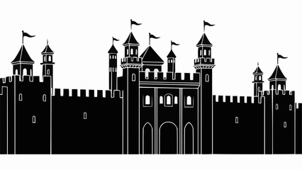 Silhouette of a Majestic Medieval Castle with Flags Flying High. © Jani