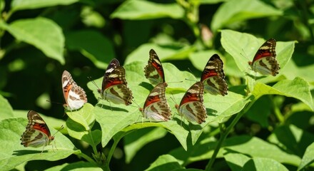 Several colorful butterflies rest on bright green leaves in sunlight