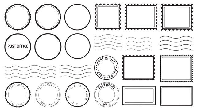 Set of blank postage stamp templates in minimalist black and white design with wavy lines for stationery
