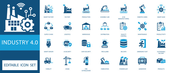 Industry 4.0 Icon Set featuring smart factory, robotics, logistics, supply chain, and AI automation symbols. Designed for modern industrial applications. Fully editable vector icons