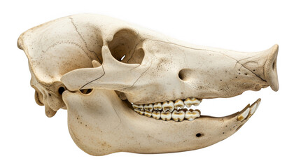Detailed view of a horse skull with teeth isolated on transparent background
