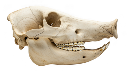 Detailed view of a horse skull with teeth isolated on transparent background