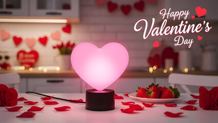 Romantic Valentine's Day scene A luminous pink heart lamp casts a warm glow on a table with fresh strawberries and rose petals, celebrating love and affection