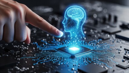 Cognitive Computing Interface: Finger touching glowing human head silhouette with digital brain over a complex circuit board processor