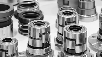 A collection of metal chucks for holding drills and milling cutters in metalworking CNC machines, industrial metalworking concept background