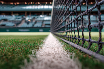 Perspective view of a tennis net and white boundary line on a well-maintained grass court in a stadium with blurred seating areas in the background