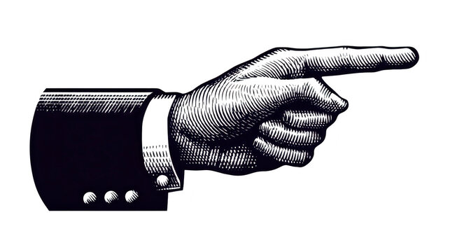Hand vintage illustration pointing finger black white drawing retro direction vintage black and white illustration of hand suit sleeve pointing to right detailed engraving style classic