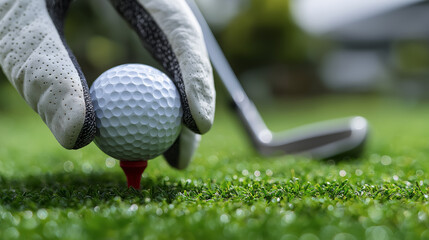 A golfer prepares to tee off, gripping a white golf ball with a gloved hand, poised for a perfect shot on a lush, green fairway.