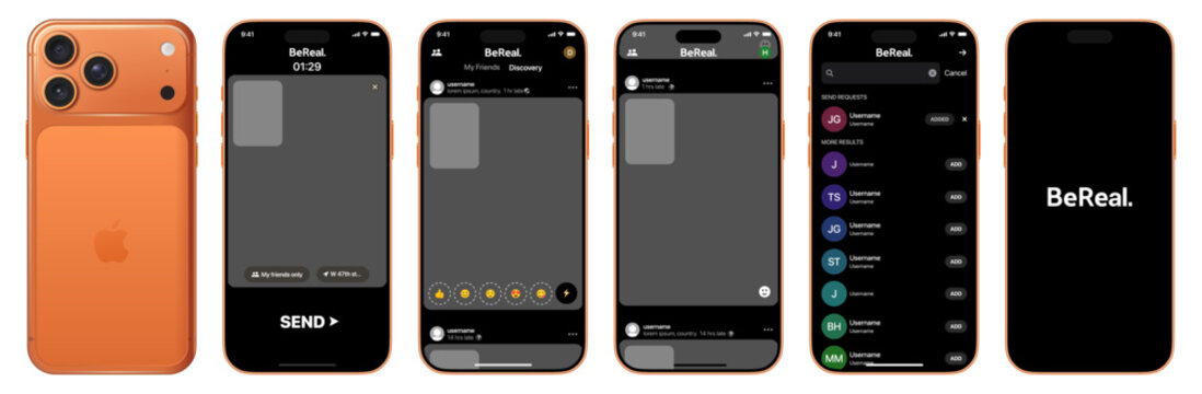 BeReal mobile app interface on iphone 17 pro max showing social media feed, camera and friends discovery screens
BeReal app UI design displayed on iphone 17 pro max with modern social networking exper