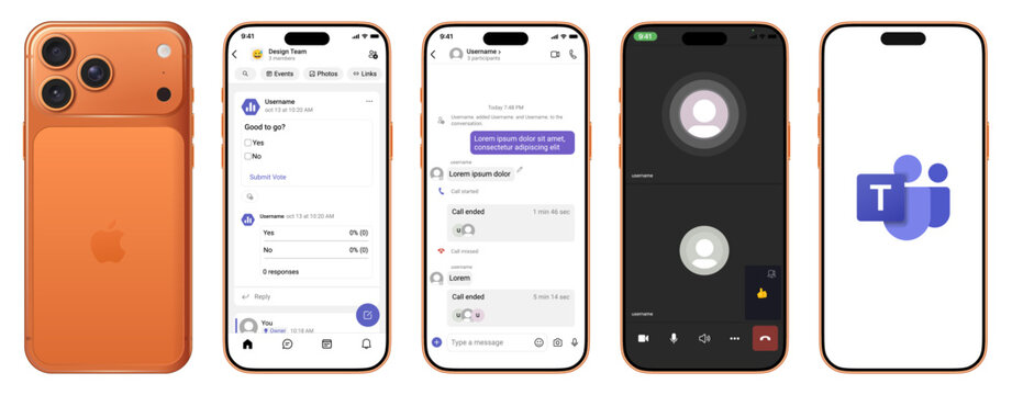 Microsoft Teams mobile app interface on Apple iPhone, Microsoft Teams collaboration and video call UI on Orange iPhone 17 Pro Max.