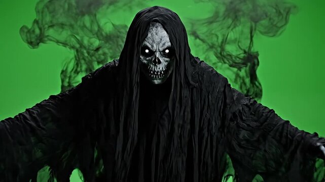 Spooky grim reaper floating in mid-air on green screen
