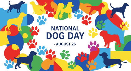 National Dog Day Celebration with Colorful Paws and Silhouettes.
