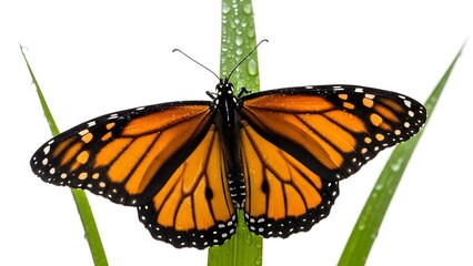 Fototapeta premium A vibrant monarch butterfly with open wings perching on a blade of grass, showcasing its intricate patterns.