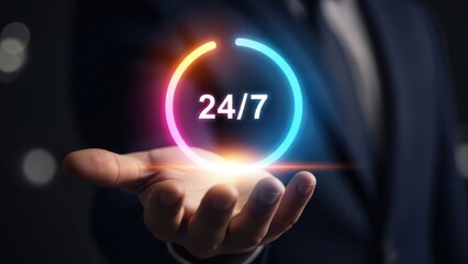Continuous Service Availability: Businessman hand presenting colorful glowing 24/7 circular icon for round-the-clock customer support