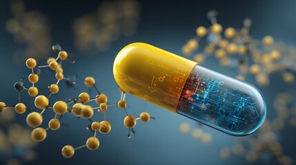 Futuristic Capsule Pill With Digital Circuit Patterns And Molecular Structures Representing Biotechnology