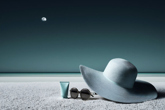 Pale blue sun hat, sunglasses and sunscreen bottle on white sand beach, turquoise ocean water and moon in gradient teal sky for summer vacation tropical travel concept. - Powered by Adobe
