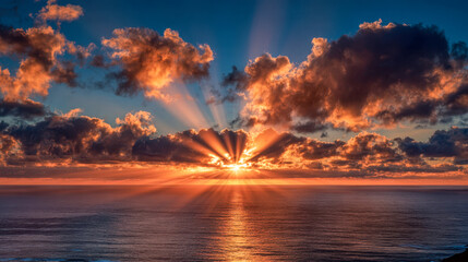 Stunning sunrise over the ocean with radiant light beams piercing through dramatic clouds and reflecting on calm water during a vibrant early morning scene