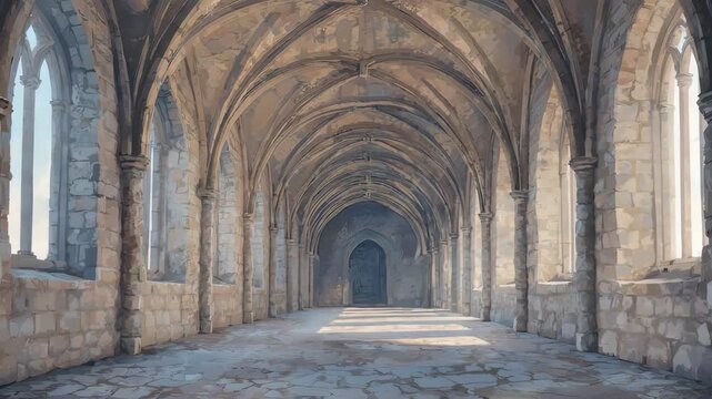 Gothic Cathedral Cloister Interior Vaulted Arches.