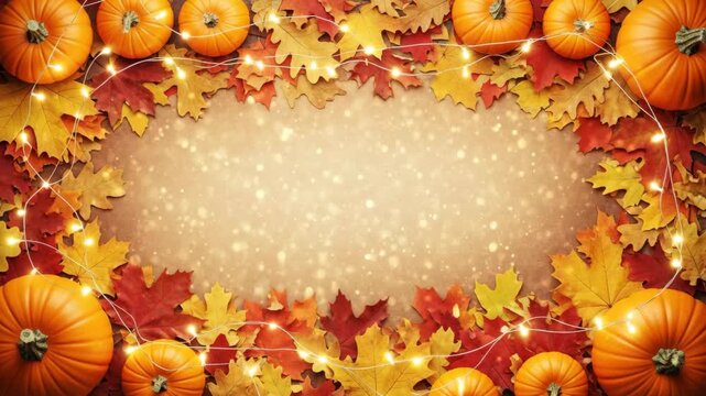 Autumn pumpkins colorful fall leaves sparkling lights festive holiday decoration background Ai HD high quality video.