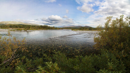 Beautiful autumn landscape of a summer northern river with a strong current of water flow in the mountains. Polar Ural Mountains