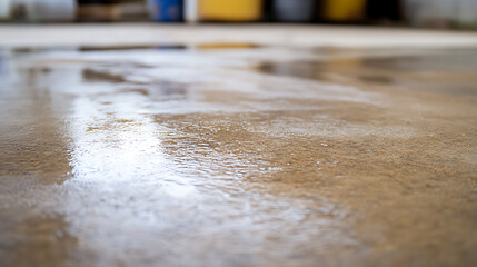 A close-up captures a wet surface reflecting light. Water droplets create a shimmering effect, highlighting the texture. An ambient scene, emphasizing surface and light interplay.
