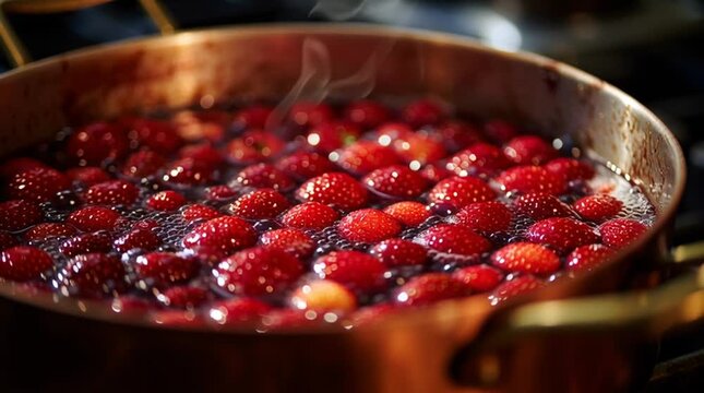 Vibrant close-up of fresh strawberries or raspberries bubbling in a copper pot on a stove, capturing homemade jam cooking, rich color, texture and traditional kitchen craft.
