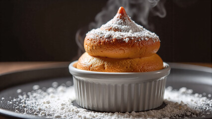 Delicious freshly baked soufflé dessert topped with powdered sugar on a dark serving plate
