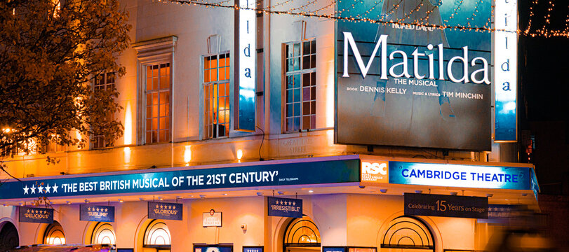 Seven Dials, Cambridge Theatre Signage, Matilda: The Musical Play Logo, Covent Garden, London West End Theatreland, England, United Kingdom &mdash; November 2025